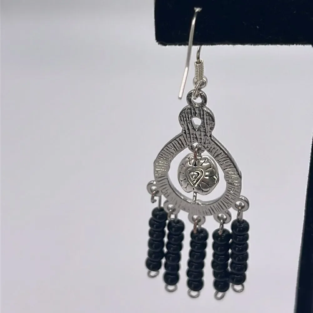Silver-tone Homemade Dangling Chandelier Earrings with Black Beads